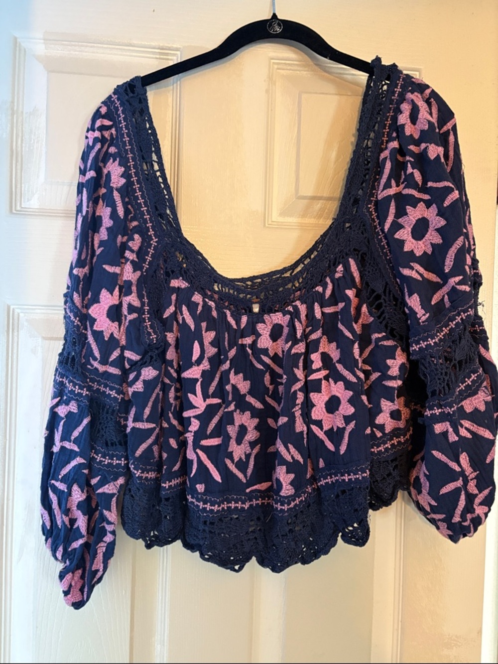 Free People Navy Peasant Top with Pink Floral Embroidery